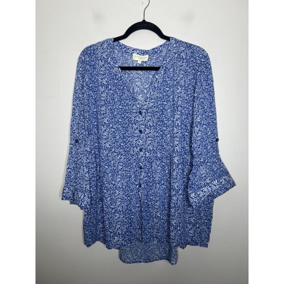 Cynthia Rowley Floral Blouse Button Down 3/4 Sleeve Top Blue White Plus Size 1X - Picture 1 of 8